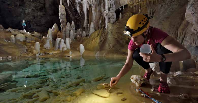 A researcher sampling at a still cave pool among stalactites